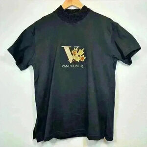 VINTAGE 90s Y2K Black T-Shirt Crochet Neck Embroidered Vancouver Canada Large